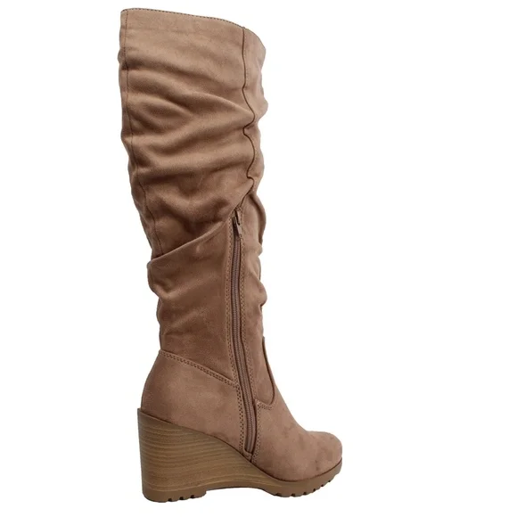Taupe Faux Suede Slouchy Stacked Wedge Knee High - Picture 2 of 12